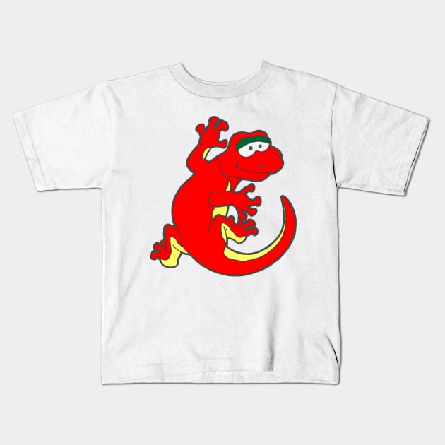 Red Toddler Cartoon Gecko Lizard Hanging On Kids T-Shirt by Bartlett Art Works